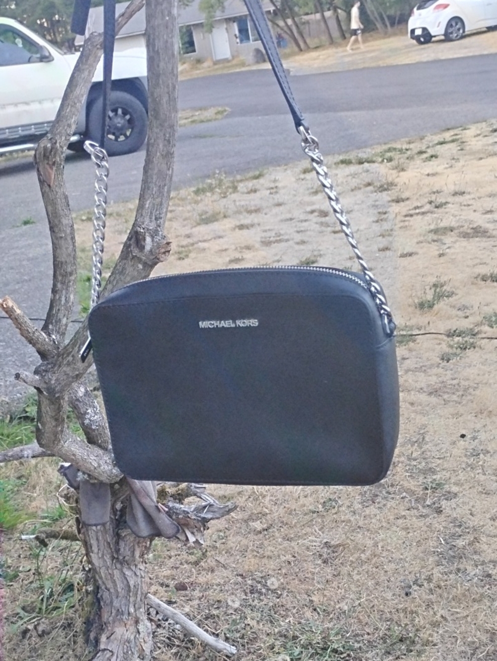 Michael Kors Black Saffiano Crossbody with Silver Chain Strap